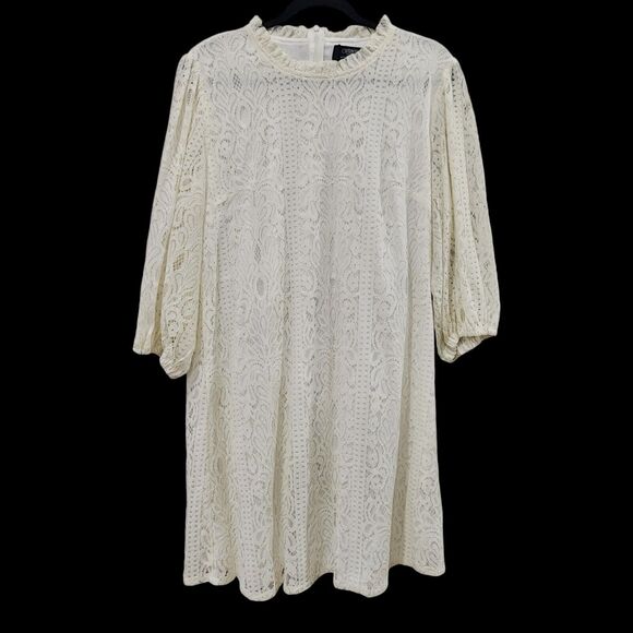 Outrageous Fortune Ivory Lace High Neck Bishop Sleeve Tunic Shift Dress Size 12 - Picture 11 of 12